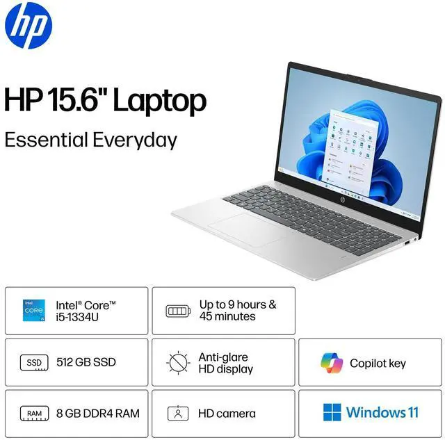 Alt view image 2 of 5 - HP 15.6 Inch (1366x768) HD Laptop, Intel Core I5-1334U Processor, 8GB DDR4 RAM - 512GB SSD, Windows 11 Home - Natural Silver (15-Fd0250wm)