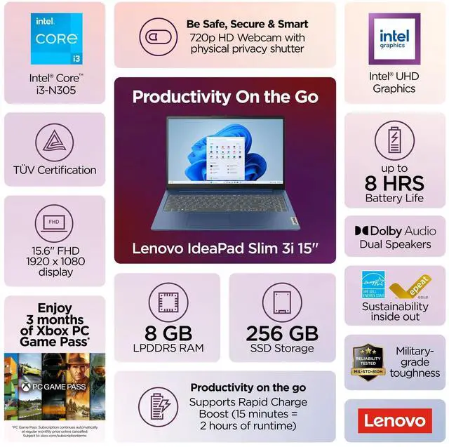 Alt view image 2 of 7 - Lenovo IdeaPad Slim 3i - 15.6 Inch (1920x1080)FHD Laptop, Intel Core I3-N305 Processor, 8GB RAM, 256GB SSD, Windows 11 - Abyss Blue