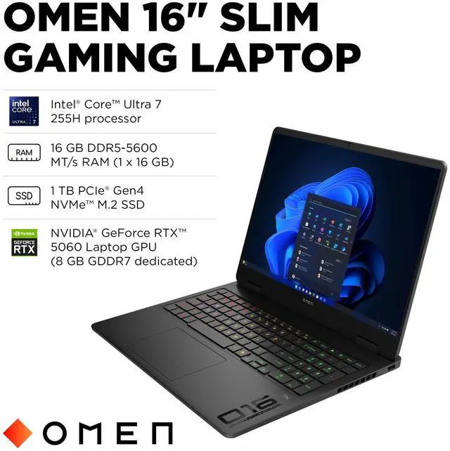 Alt view image 2 of 6 - HP OMEN 16 Inch (1920x1200) FHD Gaming Laptop, Intel® Core Ultra 5 225H, 16GB DDR5 RAM - 1TB PCIe NVMe SSD, NVIDIA GeForce RTX 5050 8 GB GDDR7, Windows 11 Pro - Shadow Black