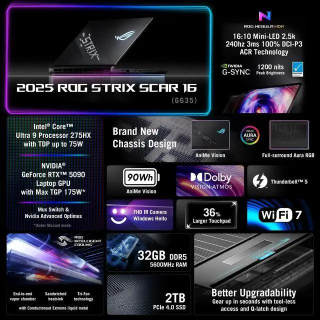 Alt view image 2 of 6 - ASUS ROG Strix SCAR 16 (2025) Gaming Laptop, 16 ROG Nebula HDR 2.5K 240Hz Display, Intel Ultra 9 275HX Processor, 32GB RAM, 2TB SSD, NVIDIA RTX 5090, Windows 11 Pro - Black