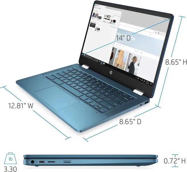 Alt view image 3 of 6 - HP X360 14 Inch (1366x768) HD Touchscreen Laptop, Intel Celeron N400, 4GB RAM- 64GB eMMC, Chrome OS - Teal (14a-ca0130wm)