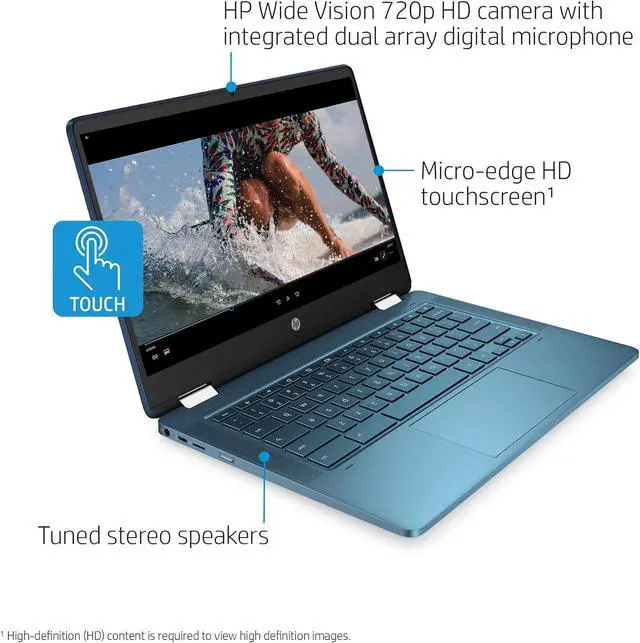 Alt view image 2 of 6 - HP X360 14 Inch (1366x768) HD Touchscreen Laptop, Intel Celeron N400, 4GB RAM- 64GB eMMC, Chrome OS - Teal (14a-ca0130wm)