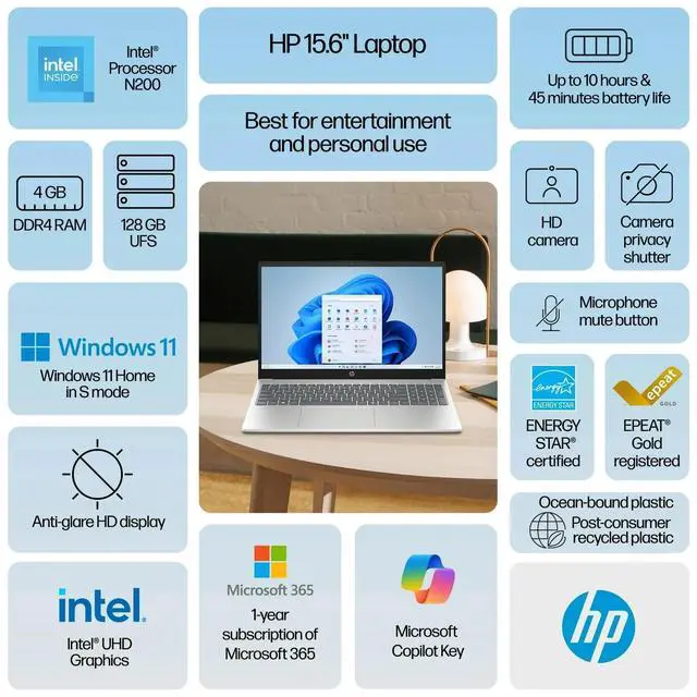 Alt view image 2 of 7 - HP 15.6 Inch HD (1366x768) Non-Touchscreen Laptop, Intel Processor N200 Processor, 4GB RAM - 128GB UFS, Intel UHD Graphics, Windows 11 Home, Natural Silver