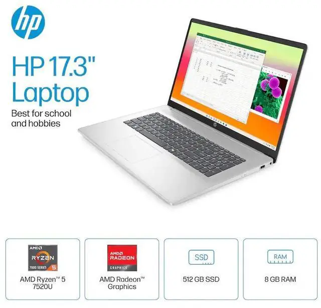 Alt view image 2 of 5 - HP 17.3 inch (1920x1080) FHD Laptop, AMD Ryzen 5 7520U Processor, 8GB LPDDR5 RAM - 512GB PCIe NVMe SSD, Windows 11 Home - Natural Silver (17-cp2025dx)