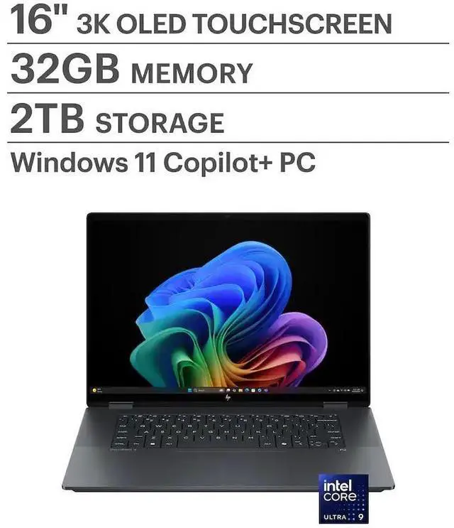 Main image of HP OmniBook X Flip (Copilot+PC) 2 -in-1 Laptop - 16 inch 3K (2880x1800) Touchscreen 120Hz OLED Display, Intel Core Ultra 9-288V, 32 GB LPDDR5x RAM - 2 TB SSD PCIe, Windows 11 Home - Eclipse Grey