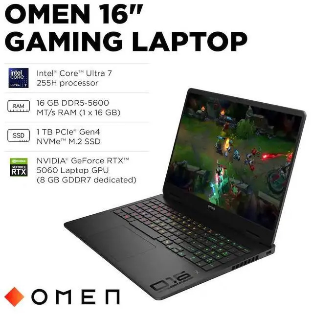 Alt view image 6 of 7 - HP OMEN Gaming Laptop - 16 Inch 2K (1920x1200) 144Hz IPS Display, Intel Core Ultra 7 255H w AI Boost, 16GB RAM - 1TB SSD, NVIDIA GeForce RTX 5060 8GB GDDR7, Windows 11 Home - Shadow Black(16-am0073dx)