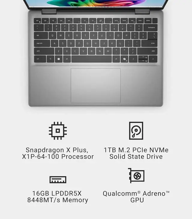 Alt view image 3 of 6 - Dell Inspiron 14 Laptop - 14-inch FHD+ (1920x1200) Display, Snapdragon X Plus - X1P-64-100, 16GB LPDDR5X RAM, 1TB SSD, Qualcomm Adreno, Backlit Keyboard, Windows 11 Home - Titan Gray