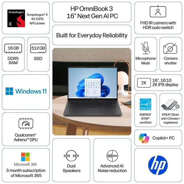 Alt view image 2 of 7 - HP OmniBook 3 (Copilot+ PC) - 16 Inch FHD+ (1920x1200) Laptop, Snapdragon X (X1 26 100) Processor, 16GB RAM - 512GB SSD, AMD Radeon 740M Graphics, Windows 11 Home - Mica Silver
