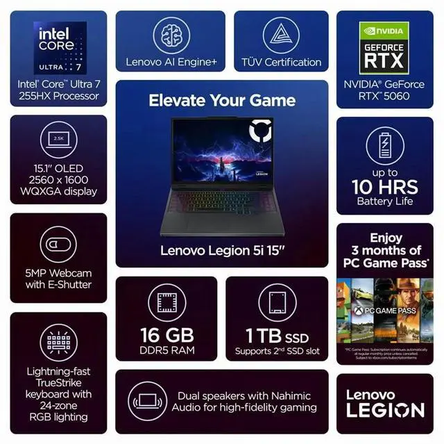 Alt view image 2 of 7 - Lenovo Legion 5i Gaming Laptop - 15.1 inch WQXGA (2560x1600) 165Hz OLED Display, Intel Core Ultra 7 255 HX, 16GB RAM - 1TB SSD, NVIDIA GeForce RTX 5060 8GB GDDR7, Windows 11 Home - Eclipse Black