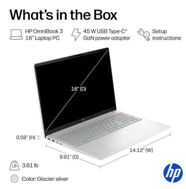 Alt view image 7 of 7 - HP OmniBook 3 Laptop - 16 Inch 2K (1920x1200) Touchscreen IPS Display, AMD Ryzen 5 40 Processor, 16GB RAM - 256GB SSD, AMD Radeon 610M, Windows 11 Home - Glacier Silver (16-BY0205DX/D10E8UA#ABA)