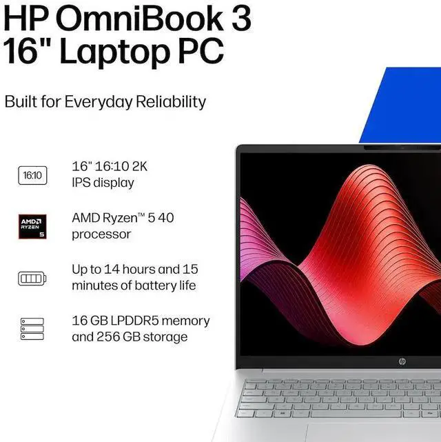 Alt view image 6 of 7 - HP OmniBook 3 Laptop - 16 Inch 2K (1920x1200) Touchscreen IPS Display, AMD Ryzen 5 40 Processor, 16GB RAM - 256GB SSD, AMD Radeon 610M, Windows 11 Home - Glacier Silver (16-BY0205DX/D10E8UA#ABA)