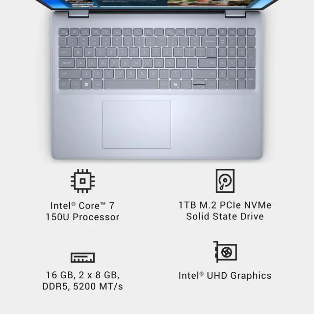 Alt view image 2 of 7 - Dell 16-inch FHD+ (1920x1200) Touchscreen Laptop, Intel Core 7-150U Processor, 16GB RAM - 1TB SSD, Backlit Keyboard,Intel UHD Graphics, Windows 11 Home - Ice Blue (DC16251)