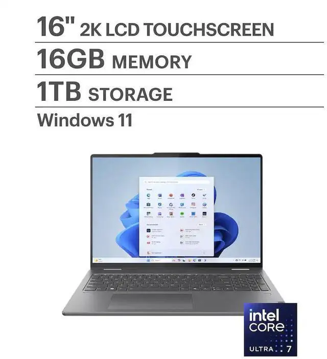 Alt view image 3 of 7 - Lenovo Yoga 7 - 16 inch FHD+ (1920x1200) IPS Touchscreen (2-in-1) Laptop, Intel Ultra 7 155U Processor, 16GB RAM - 1TB SSD, Backlit Keyboard FP Reader, Windows 11 Home - Storm Grey (83DL0002US)
