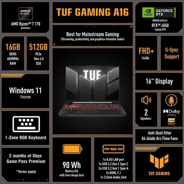 Alt view image 2 of 7 - ASUS TUF Gaming A16 Gaming Laptop - 16 Inch WUXGA (1920x1200) 144Hz Display - AMD Ryzen 7 170, 16GB DDR5 RAM - 512GB PCle SSD, NVIDIA GeForce RTX 4050 6GB GDDR7, Windows 11 Home - Jaegar Gray
