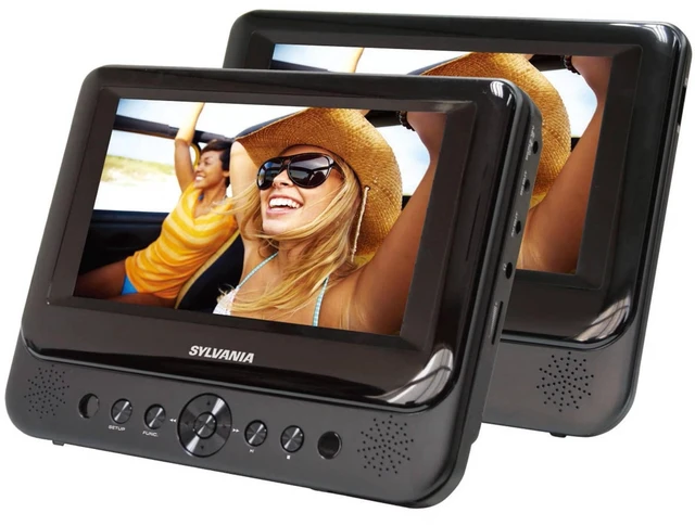Main image of Sylvania 7 Inch Dual Screen Portable DVD Player - Twin LCD Displays, DVD/CD/MP3 Playback, Built-In Stereo Speakers, AV Cable, Car Headrest Entertainment System
