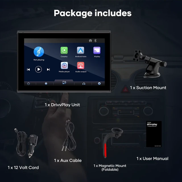 Alt view image 7 of 7 - Miroir Drivvplay Wireless CarPlay Screen for Car - 7 Inch Wireless Apple CarPlay & Android Auto Display, Portable Touchscreen Car Monitor, Bluetooth, Voice Control, Universal Dashboard Screen - Black