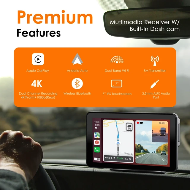 Alt view image 2 of 7 - REXING 7 Inch Wireless CarPlay/Android Auto Receiver, 4K Dash Cam, 1080p Rear, GPS, Bluetooth, 32GB microSD card
