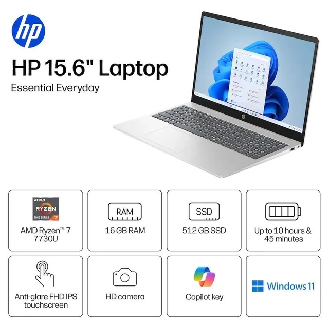 Alt view image 6 of 7 - HP 15.6" Full HD (1920x1080) Touchscreen Laptop, AMD Ryzen 7 7730U, 16GB Memory-512GB SSD, Windows 11 Home - Natural Silver (15-fc0235dx)