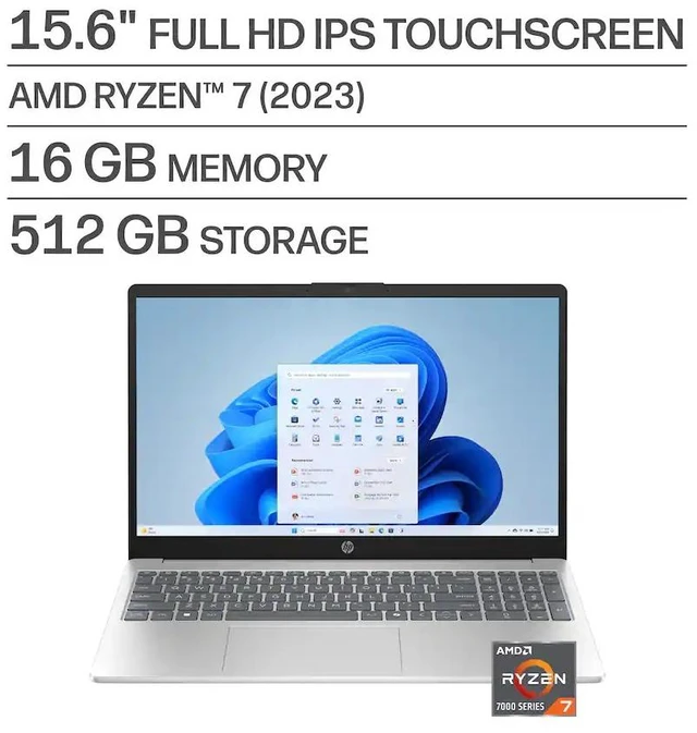 Alt view image 2 of 7 - HP 15.6" Full HD (1920x1080) Touchscreen Laptop, AMD Ryzen 7 7730U, 16GB Memory-512GB SSD, Windows 11 Home - Natural Silver (15-fc0235dx)