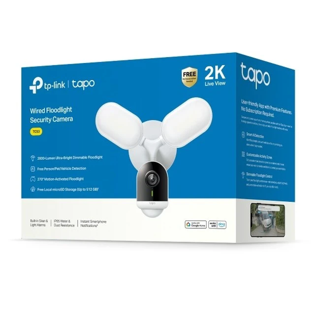 Alt view image 5 of 7 - TP-Link Tapo TC53-2K Wired Smart Floodlight Security Camera - Ultra-Bright Motion-Activated LED Floodlight, Full-Color Night Vision, Smart AI Detection, Two-Way Audio, Weatherproof - White
