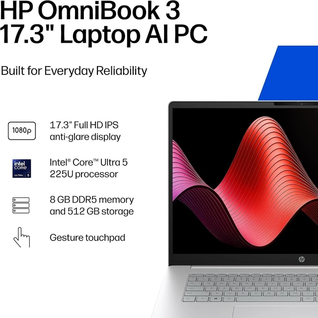 Alt view image 3 of 6 - HP OmniBook 3 17.3 inch Laptop PC, FHD Display, Intel Core Ultra 5 225U, 8 GB RAM, 512 GB SSD, Intel Graphics, Windows 11 Home, Glacier Silver, 17-dg0099nr