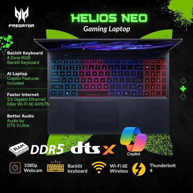 Alt view image 5 of 6 - Acer Predator Helios Neo 16 Gaming Laptop, 16" 165Hz 1920 x 1200 Display, Core i9-14900HX, GeForce RTX 4060, RGB Backlit Keyboard, Copilot AI Laptop, Windows 11 Pro, Black(16GB DDR5 RAM | 1TB SSD)
