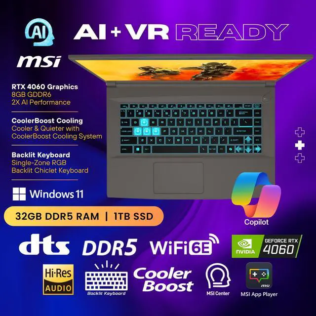 Alt view image 5 of 6 - MSI Thin 15 gaming laptop, 15.6" 144Hz FHD 1920 x 1080 Display, AMD Ryzen 9 8945HS(>i9-13900H), GeForce RTX 4060, AI&VR Ready, CoPilot, Backlit Keyboard, Windows 11 Home, Gray(32GB DDR5 RAM | 1TB SSD)
