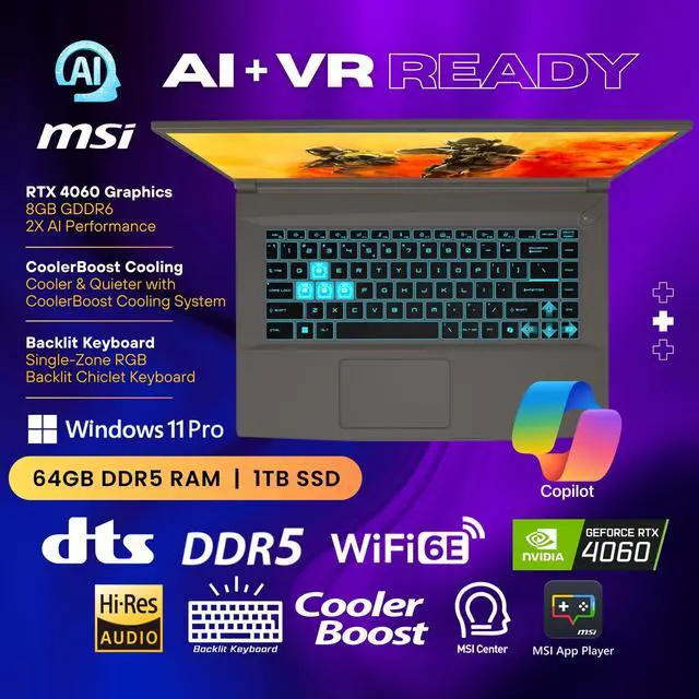 Alt view image 5 of 6 - MSI thin 15 gaming laptop, 15.6" FHD IPS Display, AMD Ryzen 9 8945HS(>i9-13900H, 5.2 GHz), GeForce RTX 4060, AI&VR Ready, CoPilot+ PC, Backlit Keyboard, Windows 11 Pro, Gray(64GB DDR5 RAM | 1TB SSD)