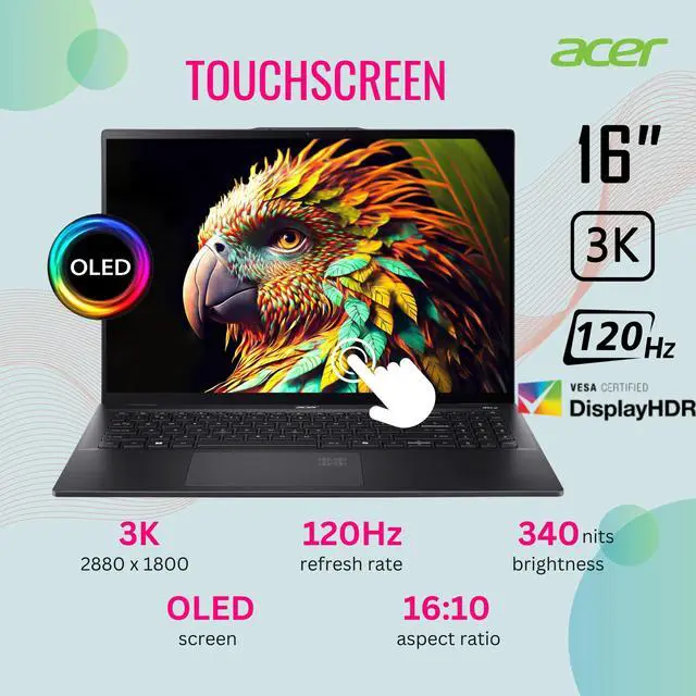 Alt view image 2 of 6 - Acer Swift 16 AI Laptop, 16" 120Hz 3K OLED Touchscreen, Core Ultra 7 256V(4.80 GHz, >i9-12900K), Copilot PC, Backlit Keyboard, Fingerprint, Wi-Fi 7, Windows 11 Home, Black(16GB DDR5 RAM | 1TB SSD)