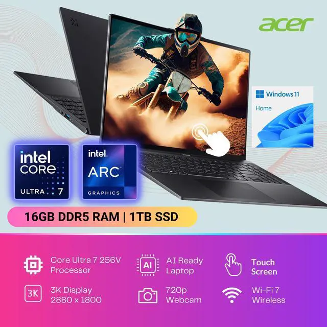 Alt view image 4 of 6 - Acer Swift 16 AI Laptop, 16" 120Hz 3K OLED Touchscreen, Core Ultra 7 256V(4.80 GHz, >i9-12900K), Copilot PC, Backlit Keyboard, Fingerprint, Wi-Fi 7, Windows 11 Home, Black(16GB DDR5 RAM | 1TB SSD)