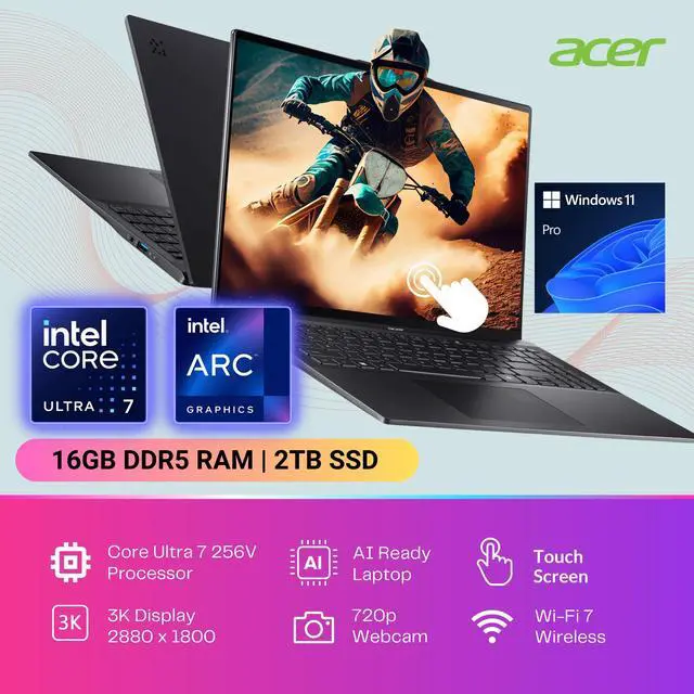 Alt view image 4 of 6 - Acer Swift 16 AI Business Laptop, 16" 120Hz 3K OLED Touchscreen, Core Ultra 7 256V(>i9-12900K), Copilot, 1440p QHD IR Webcam, Backlit, Fingerprint, Wi-Fi 7, Win 11 Pro, Black(16GB RAM DDR5 | 2TB SSD)