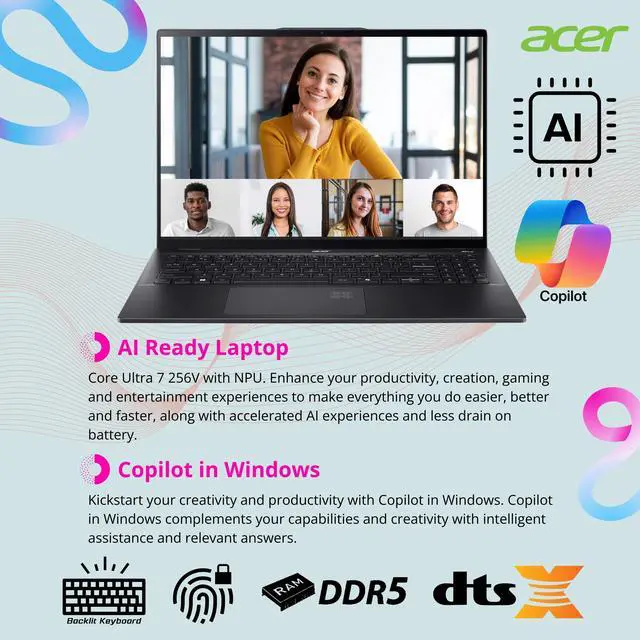 Alt view image 5 of 6 - Acer Swift 16 AI Laptop, 16" 120Hz 3K OLED Touchscreen, Core Ultra 7 256V(4.80 GHz, >i9-12900K), Copilot PC, Backlit Keyboard, Fingerprint, Wi-Fi 7, Windows 11 Home, Black(16GB DDR5 RAM | 1TB SSD)