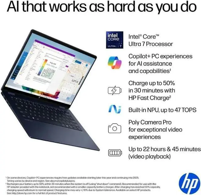Alt view image 3 of 7 - HP OmniBook X Flip 2-in-1 Copilot+ AI PC Laptop, 14" 2K Touchscreen, Intel Evo Platform 8-Core Ultra 7 258V(>Ultra 9 185H), DTS: X Ultra, Backlit KB, W/Style & 128GB PSD, Win11 PRO(16GB|2TB SSD)