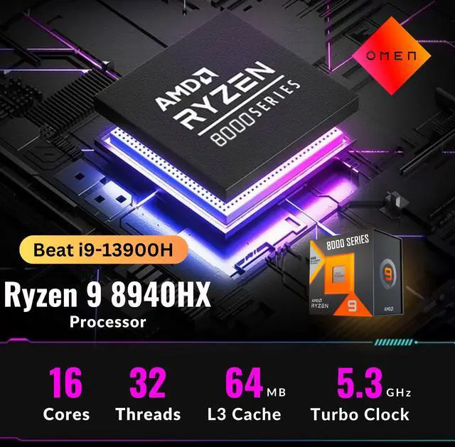 Alt view image 3 of 6 - HP OMEN 16 Gaming Laptop, 144Hz 1920 x 1200 Display, Ryzen 9 8940HX(>i9-13900H, 5.3 GHz), GeForce RTX 5060, RGB Backlit Keyboard, 1080p Webcam, WiFi 6, Windows 11 Home, Black(32GB DDR5 RAM | 2TB SSD)