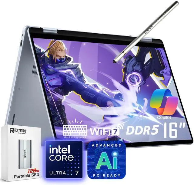 Main image of Dell 16 Plus 2-in-1 Laptop, 16" 1920 x 1200 Touchscreen, Core Ultra 7 256V(>i9-13900H), AI Ready, Copilot, Backlit Keyboard, 1080p Webcam, Wi-Fi 7, Windows 11 Home, Ice Blue(16GB DDR5 RAM | 1TB SSD)