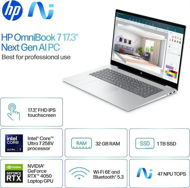 Alt view image 2 of 7 - HP OmniBook 7 17.3" (Replace Envy17) AI Copilot PC Touchscreen Gaming Laptop, GeForce RTX 4050, Intel Evo 8-Core Ultra 7 258V(>Ultra 9 185H), 5MP Webcam, W/512GB PSD&Stylus, Win11 Home(32GB|1TB SSD)