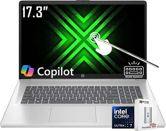 Main image of HP 17.3" HD+ Touchscreen Laptop, Intel 12-Core Ultra 7 255U(Beat Core 7 150U), Dedicated Intel AI Boost NPU 12 Tops, 32GB DDR5, 1TB SSD, Backlit KB, WiFi 6, Win 11 Home, w/512GB External SSD & Stylus