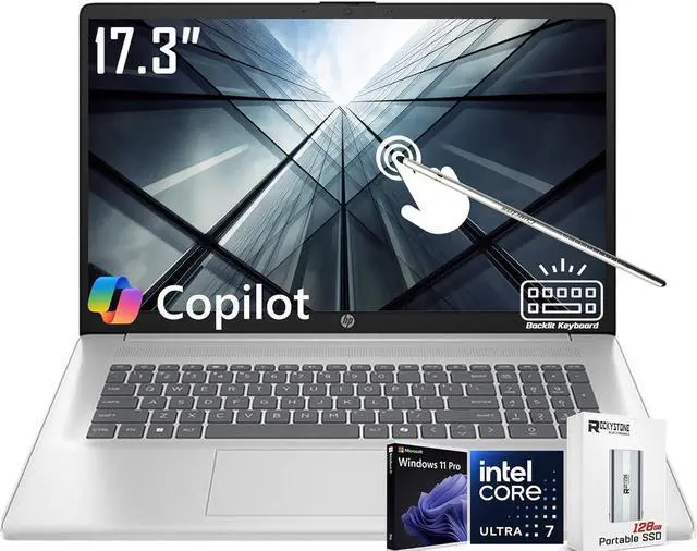 Main image of HP 17.3 inch Touchscreen Laptop, HD+ BrightView Display, Intel Ultra 7 255U 12-Core(Beat Core 7 150U),32GB DDR5, 1TB SSD, Copilot AI, Backlit KB, Long Battery, Win 11 PRO, w/128GB External SSD&Stylus