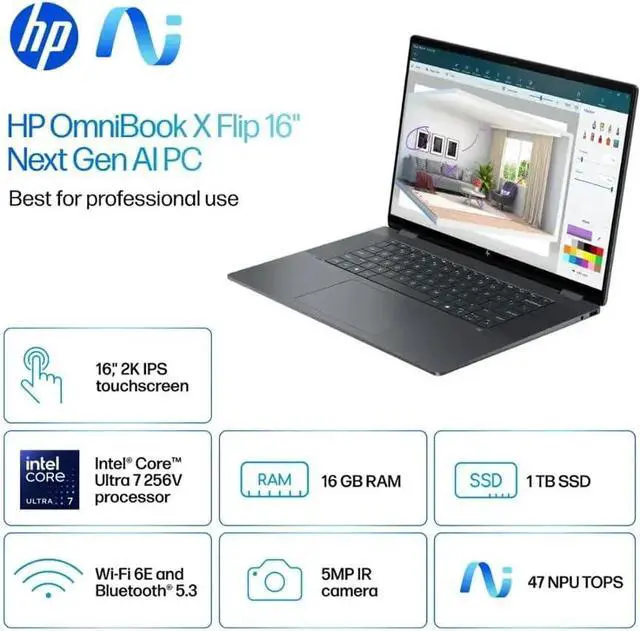 Alt view image 2 of 7 - HP OmniBook X Flip 2-in-1 Copilot+ AI PC Laptop, 16" 2K Touchscreen, Intel Evo Platform 8-Core Ultra 7 256V(>Ultra 9 185H), 16GB LPDDR5X, 2TB SSD, WiFi 6E, Backlit KB, W/Style & 128GB PSD, Win11 PRO