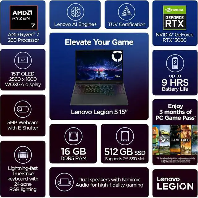 Alt view image 2 of 7 - Lenovo Legion 5 Gaming Laptop, 15.1" WQXGA (2560x1600), AMD Ryzen 7-260(>Intel i9-13905H), NVIDIA GeForce RTX 5060 8GB GDDR7, Wi-Fi 7, 24-Zone RGB Backlit KB, Win11 Home, W/128GB PSD(16GB|1TB SSD)