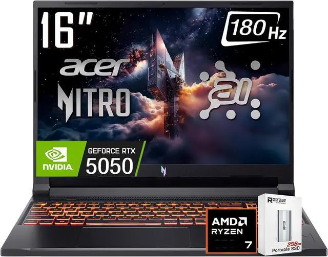 Main image of acer Nitro V 16 AI Gaming Laptop, 16" WUXGA IPS180Hz Display, AMD Ryzen 7 260(>Intel i7-14700), NVIDIA GeForce RTX 5050 8GB GDDR7, 32GB DDR5, 1TB SSD, WiFi 6E, RGB Backlit KB, Win11 Home, W/256GB PSD