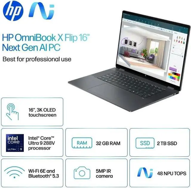 Alt view image 2 of 7 - HP OmniBook X Flip 2-in-1 Touchscreen Laptop, 16" 3K OLED Touch (500 nits, 100% DCI-P3, 120Hz), Intel 8-core Ultra 9 288V, Copilot+ AI, 5MP IR Webcam, Backlit KB, W/128GB PSD, Win11 Home(32GB|2TB SSD)