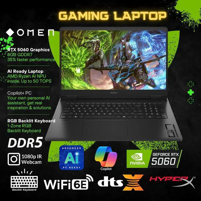 Alt view image 5 of 6 - HP OMEN AI Ready Gaming Laptop, 17.3" 144Hz FHD Display, AMD Ryzen AI 9 365(>i9-13900H), GeForce RTX 5060, RGB Backlit Keyboard,1080p Webcam, WiFi 6E, Windows 11 Pro, Black(32GB DDR5 RAM | 1TB SSD)
