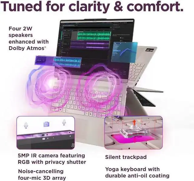 Alt view image 5 of 7 - Lenovo Yoga 7a 2-in-1Copilot+ PC Laptop, 16" 2K LCD Touchscreen, AMD Ryzen AI 5 430(Upto 50 AI Tops), 16GB LPDDR5X, 512GB SSD, WiFi 7, Backlit KB, Fingerprint, 1080P Webcam, Win11 Home