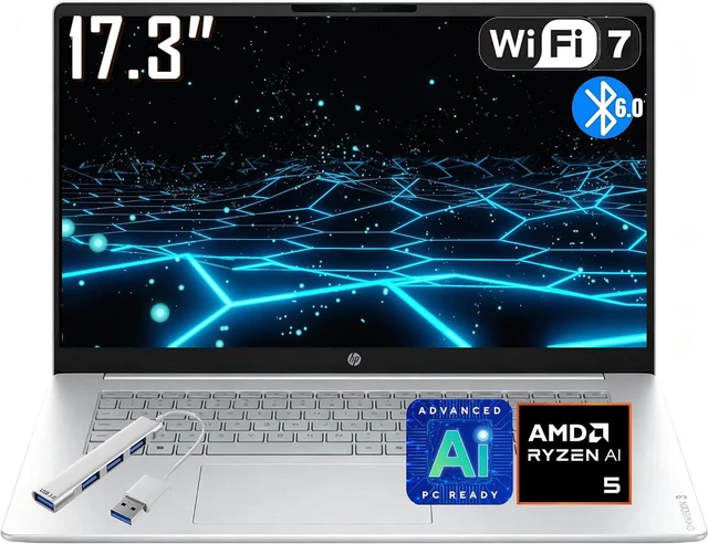 Main image of HP OmniBook 3 17.3" FHD Business Laptop, AMD Ryzen 5 4000 Series, AMD Radeon 610M Graphics, 8GB RAM, 512GB SSD, FHD Camera, Copilot, Wi-Fi 7, Bluetooth 6.0, Win11 Home