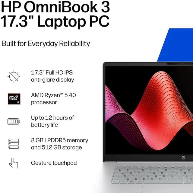 Alt view image 2 of 7 - HP OmniBook 3 17.3" FHD Business Laptop, AMD Ryzen 5 4000 Series, AMD Radeon 610M Graphics, 8GB RAM, 512GB SSD, FHD Camera, Copilot, Wi-Fi 7, Bluetooth 6.0, Win11 Home