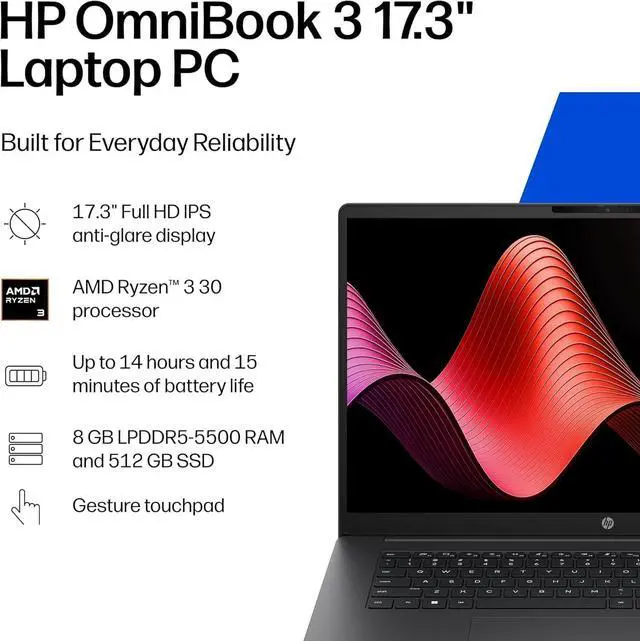 Alt view image 2 of 7 - HP OmniBook 3 17.3 inch Laptop Copilot+ AI PC, FHD Display, AMD Ryzen 3 30, 8GB RAM, 512GB SSD, AMD Radeon 610M Graphics, 1080P Privacy Webcam, WiFi 6, Bluetooth 5.4, Win11 Home