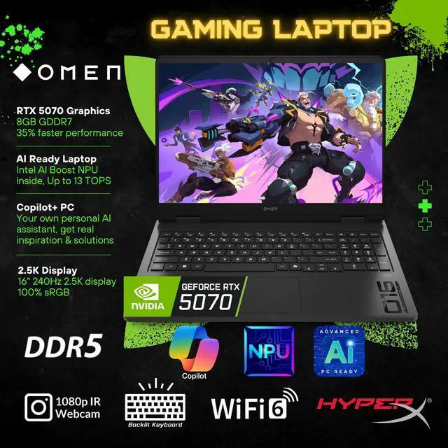 Alt view image 5 of 6 - HP OMEN 16 AI Gaming Laptop, 16" 240Hz 2.5K Display, Intel Core Ultra 9 285H(>i9-14900), GeForce RTX 5070, Copilot+ PC, VR Ready, RGB Backlit Keyboard, Windows 11 Home, Black(32GB DDR5 RAM | 1TB SSD)