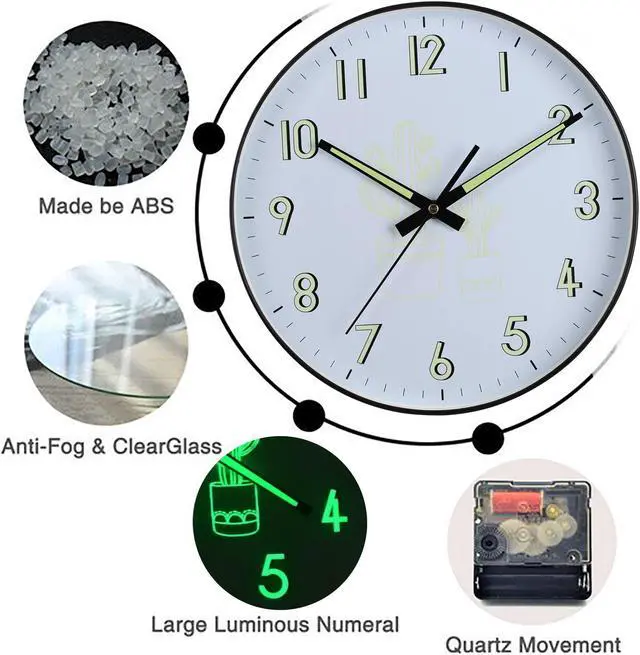 Alt view image 4 of 7 - Night Light Wall Clock with Glass Cover,12 Inch Silent Non Ticking Quartz Clocks for Bedroom Living Room Kitchen,Large Luminous Numbers,Glow in The Dark