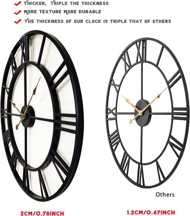 Alt view image 4 of 7 - Mrocioa 24 inch Thicken & Heavy Large Metal Wall Clocks for Living Room Decor Large Decorative Clock Oversized,Big Roman Numeral Non Ticking (Black)